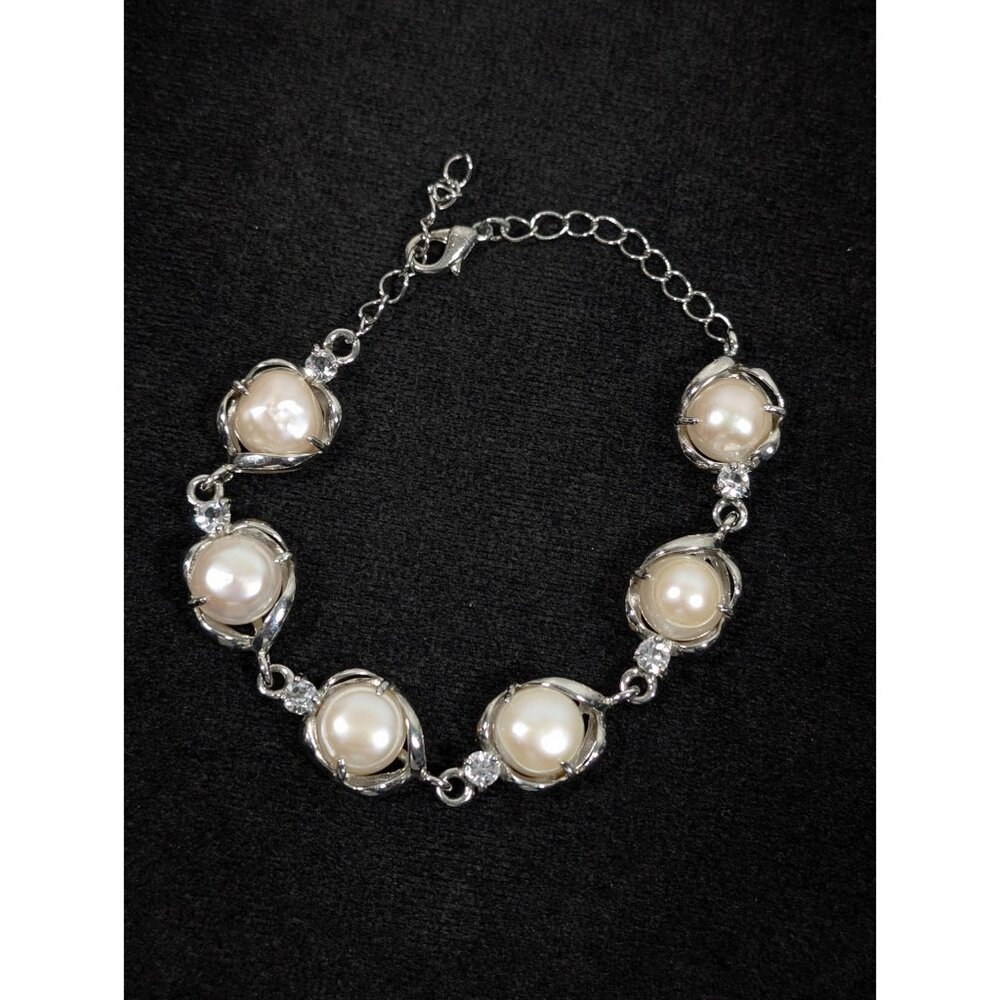 Silver Tone Baroque Button Pearl Rhinestone Tennis‎ Bracelet Bridal Wedding 9 in